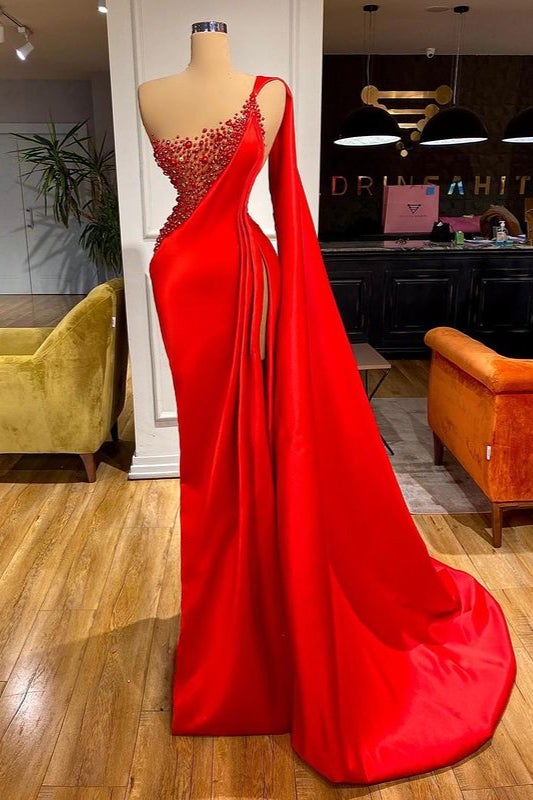 One shoulder Burgundy Beaded Prom Dresses with Cape