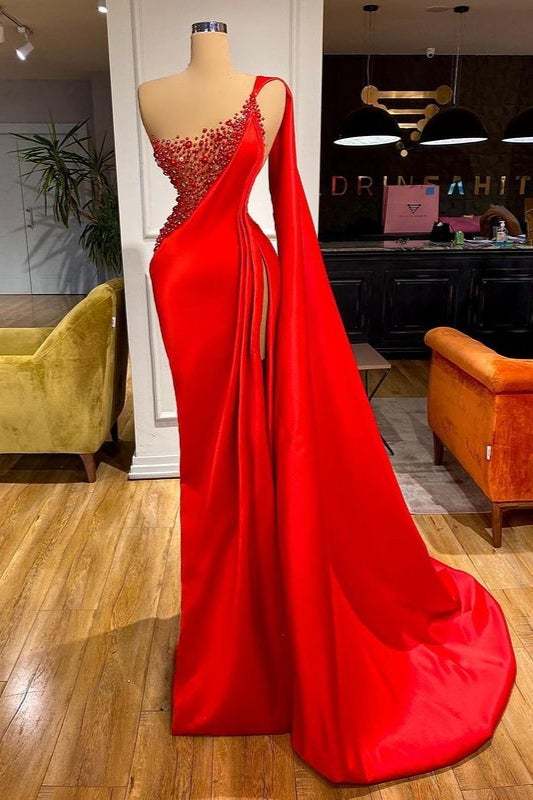 One shoulder Burgundy Beaded Prom Dresses with Cape
