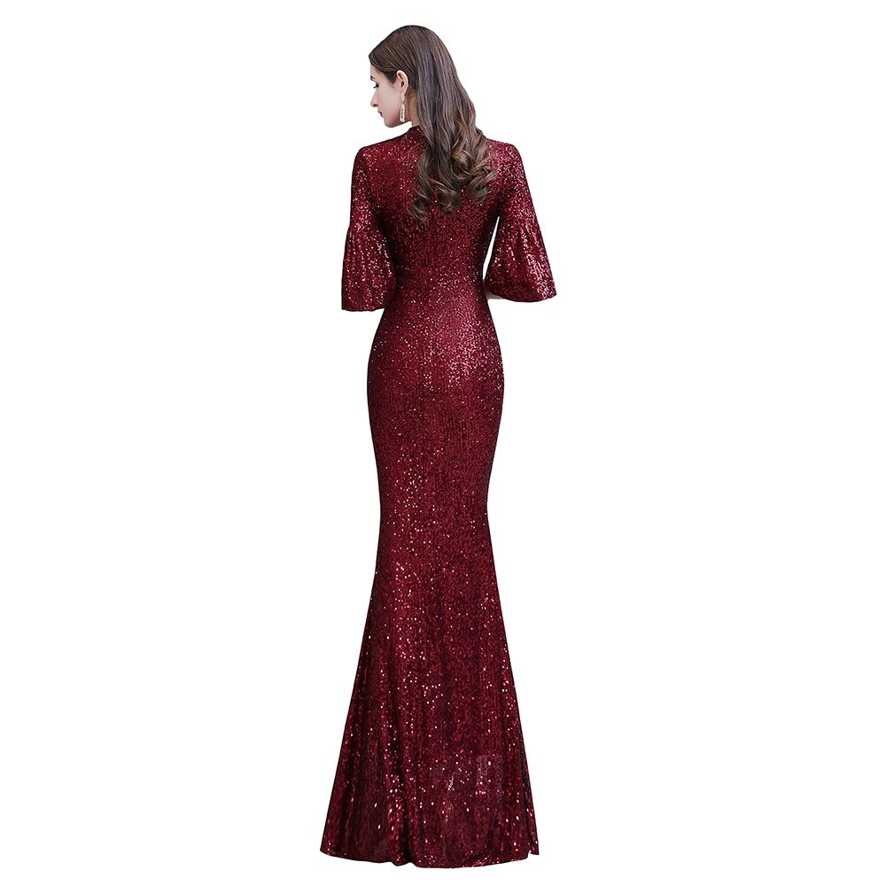 Glittering Half Sleeves Keyhole Mermaid Long Burgundy Prom Dress