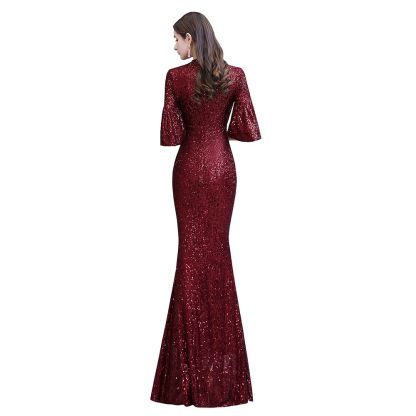 Glittering Half Sleeves Keyhole Mermaid Long Burgundy Prom Dress
