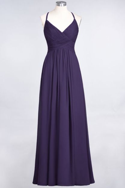 Chiffon A-Line Spaghetti-Straps V-Neck Sleeveless Long Bridesmaid Dress with Ruffles