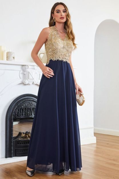 Halter Gold Appliques Ruffle Chiffon Bridesmaid Dress Floor Length Aline Evening Dress