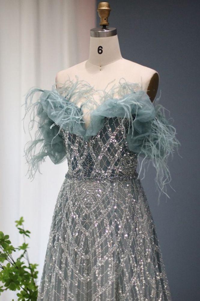 Gorgeous Off-the-Shoulder Feathers Sequins Aline Evening Dress with Beading Party Gowns for Women