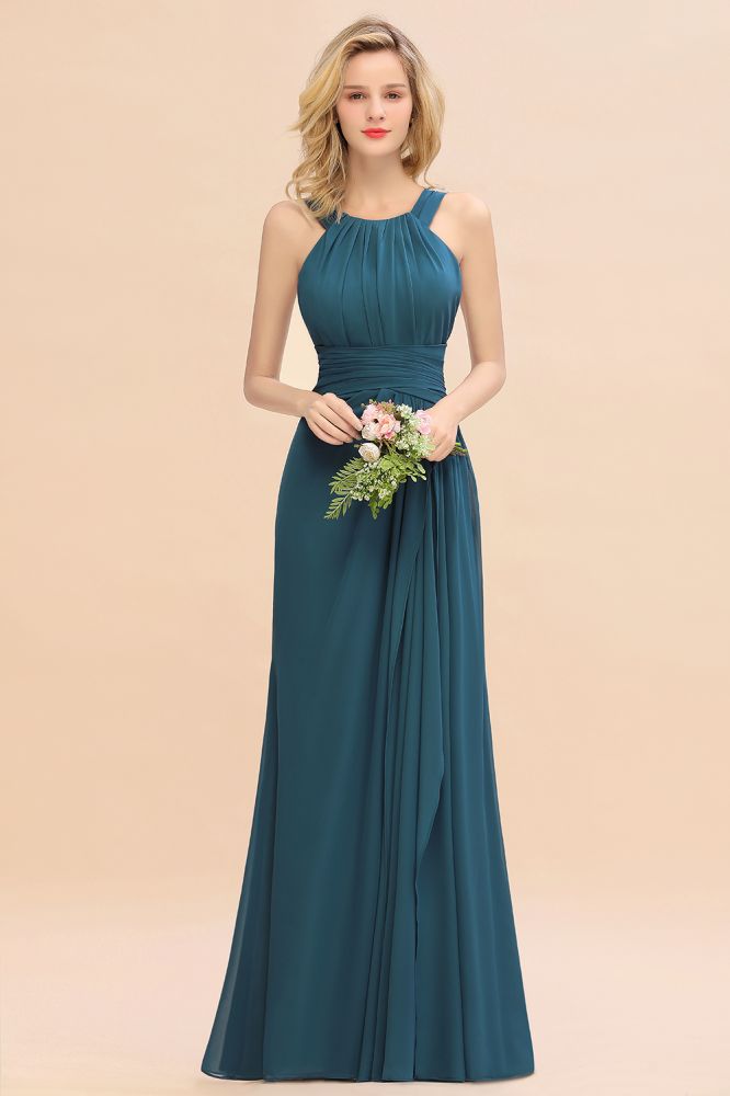 Ink blue halter chiffon floor length bridesmaid dress