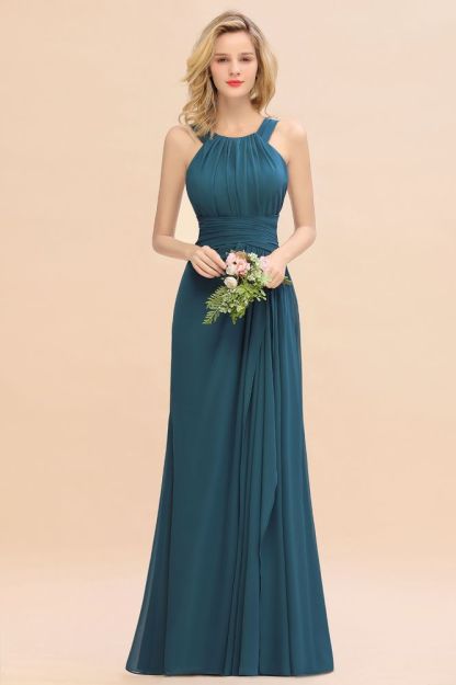 Ink blue halter chiffon floor length bridesmaid dress