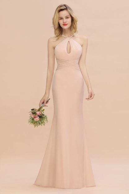 Halter Chiffon Mermaid Bridesmaid Dress Sleeveless Wedding Party Dress
