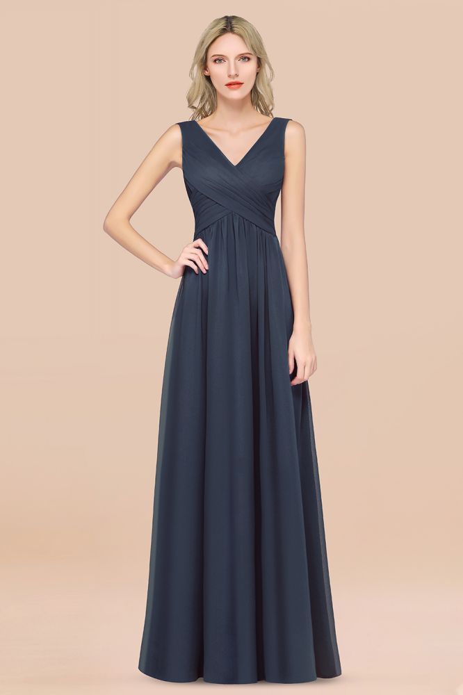 Chiffon A-Line Straps V-Neck Sleeveless Long Bridesmaid Dress with Ruffles