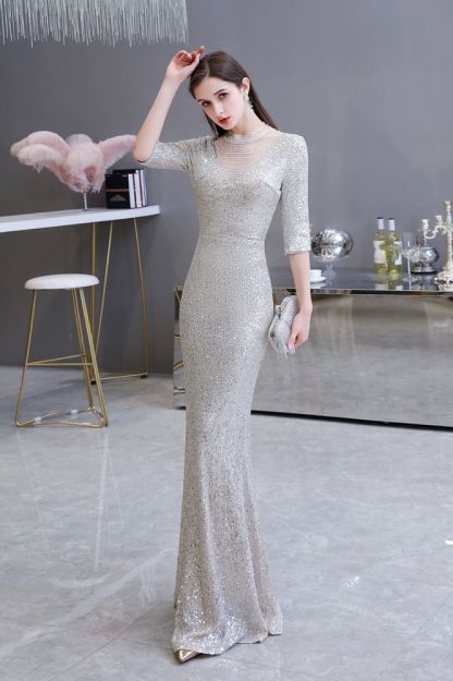 Gorgeous Silver Long sleeves Long Prom Dress