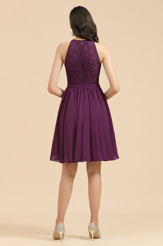 Halter Purple Lace Short Wedding Party Dress Sleeveless Chiffon Maid of Honor Dress