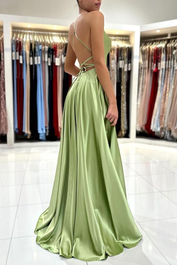 Chic Spaghetti Straps Satin Sage Side Split Long Prom Dress Cross Back Evening Dress