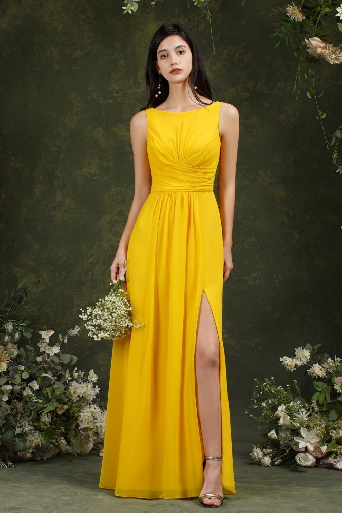 Bateau Ruffles Chiffon Floor-length A-Line Split Bridesmaid Dress With Pockets