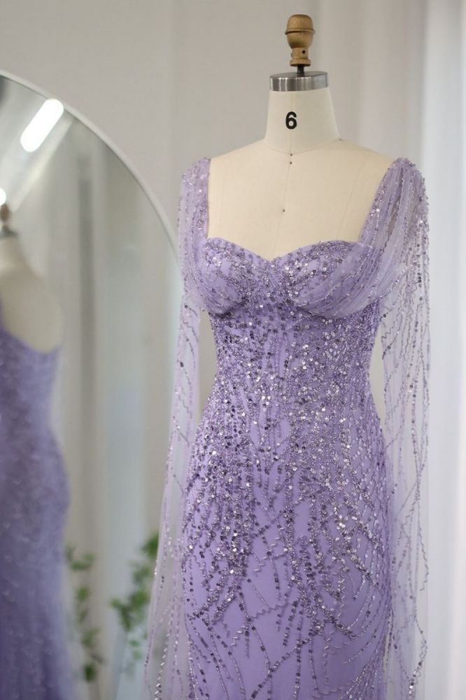 Gorgeous Sweetheart Lilac Mermaid Evening Gowns with Cape Sleeves Glitter Beading Sequins Long Wedding Party Dress-Babyonlinewholesale