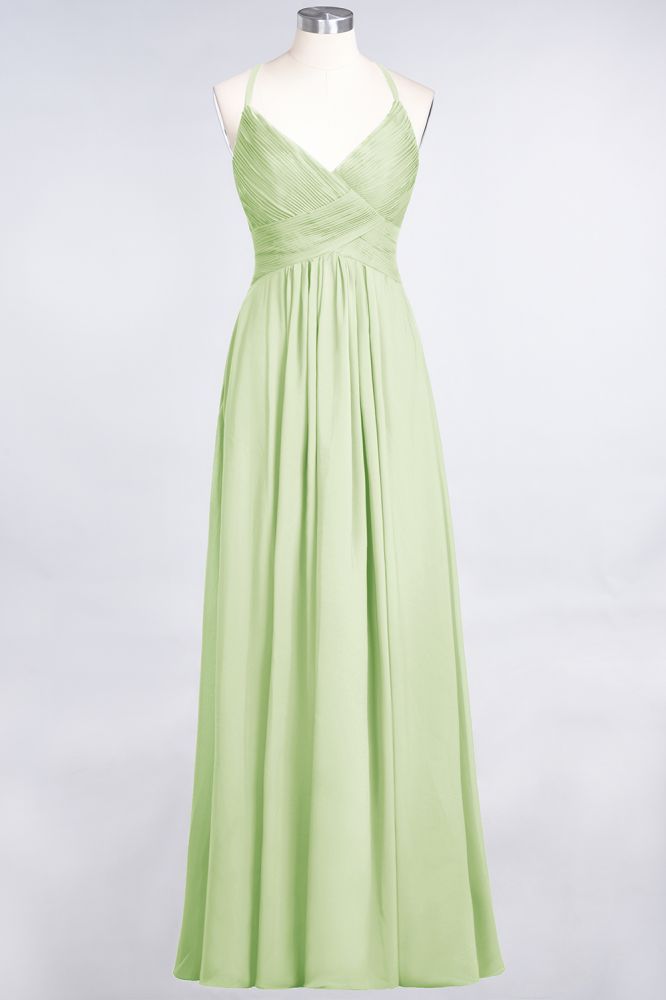 Chiffon A-Line Spaghetti-Straps V-Neck Sleeveless Long Bridesmaid Dress with Ruffles