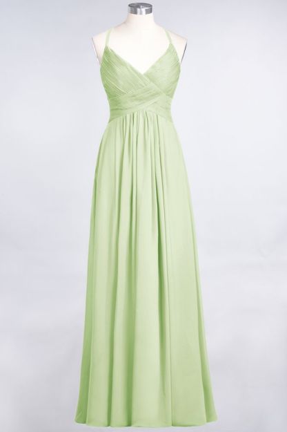 Chiffon A-Line Spaghetti-Straps V-Neck Sleeveless Long Bridesmaid Dress with Ruffles