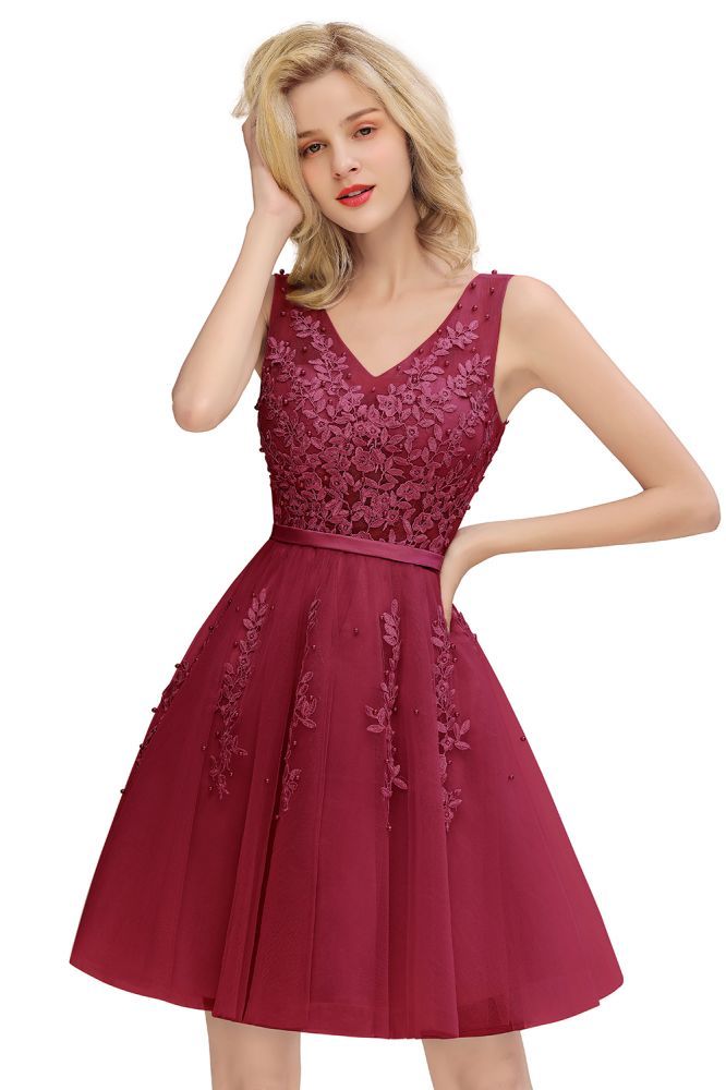 Sexy V-neck Lace-up Short Homecoming Dresses with Lace Appliques | Burgundy, Navy, Dusty pink Back to school Dress-Babyonlinewholesale