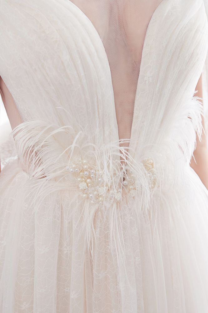 NANCY | A-line Sleeveless Floor Length Lace Ivory Wedding Dresses