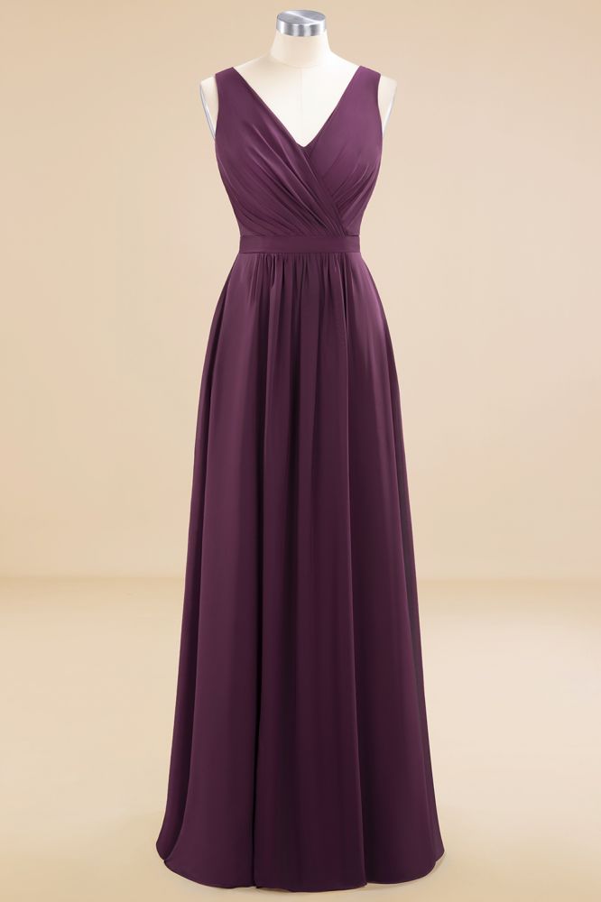 V-Neck A-line Evening Maxi Dress Sleeveless Chiffon Bridesmaid Dress