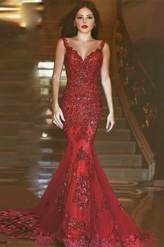 V-neck Appliques Burgundy Mermaid Long Prom Dresses