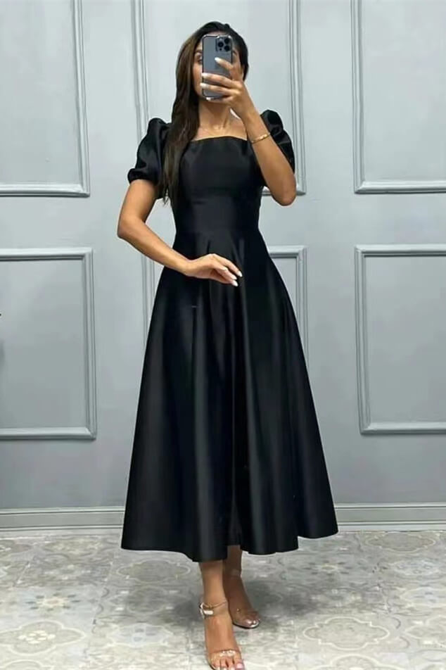 Square neck Half Sleeves Ankle Length Burgundy Prom Dresses
