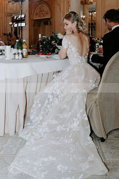 Charming Off Shoulder Floral Lace Bridal Gown Princess White Aline Wedding Dress
