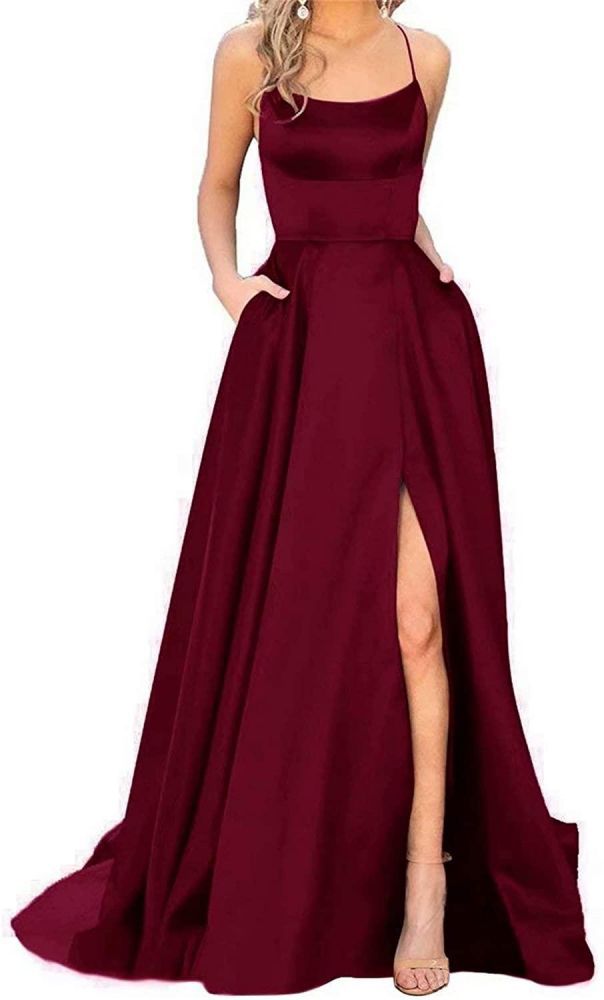 Stunning Spaghetti Straps Satin Evening Dress with Side Slit