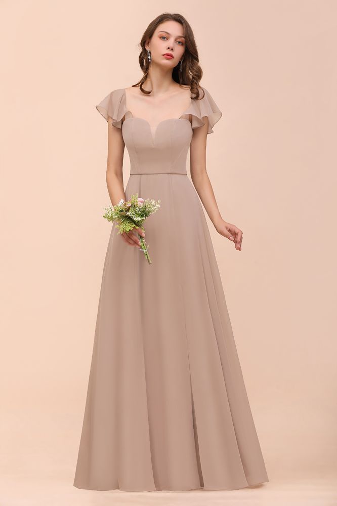 Cap Ruffle Sleeves Bridesmaid Dress with Side Slit