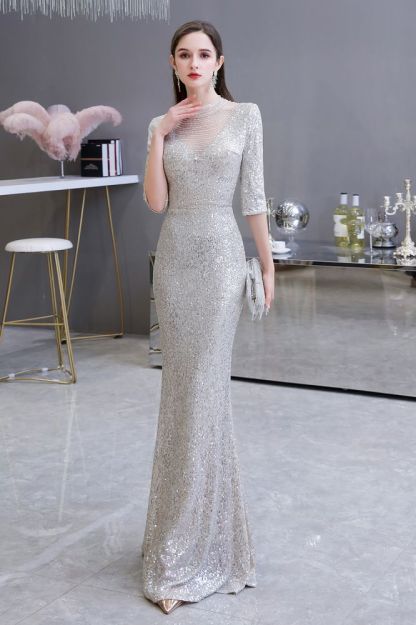 Gorgeous Silver Long sleeves Long Prom Dress