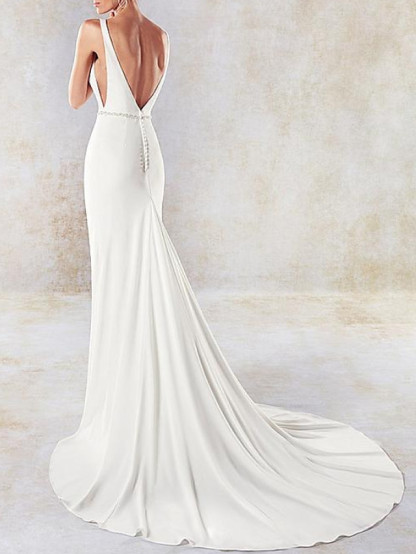 V-neck Cap sleeves White Mermaid Court Train Wedding Dresses