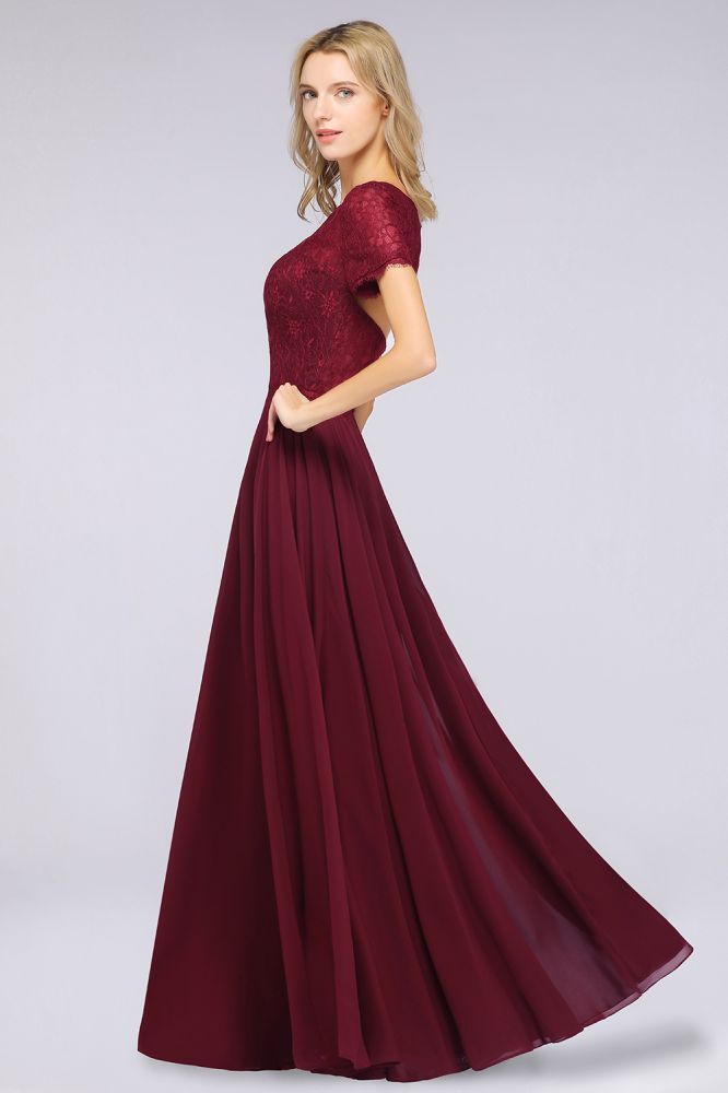 Chiffon A-Line Lace Round-Neck Short-Sleeves Long Bridesmaid Dress