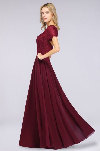 Chiffon A-Line Lace Round-Neck Short-Sleeves Long Bridesmaid Dress