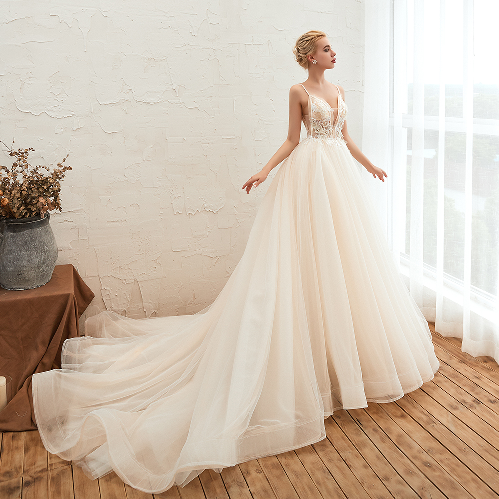 Boho Spaghetti Straps Ivory Ball Gown Wedding Dress | Romantic Bridal Gowns for Sale
