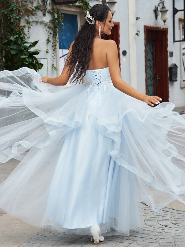 Elegant Sweetheart Tulle Ruffles Light Blue Prom Dresses