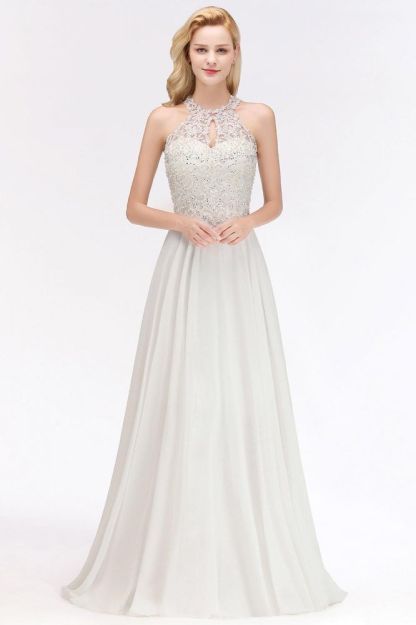 Modest Pink Pears Beaded A-line Halter Bridesmaid Dresses
