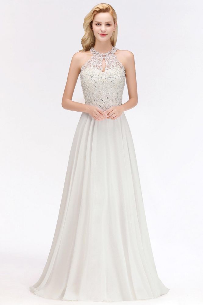 Modest Pink Pears Beaded A-line Halter Bridesmaid Dresses