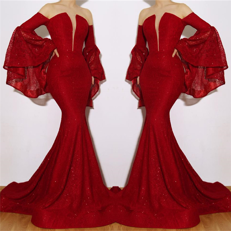 New Arrival Red Mermaid Off The Shoulder Lace Appliques Prom Dresses