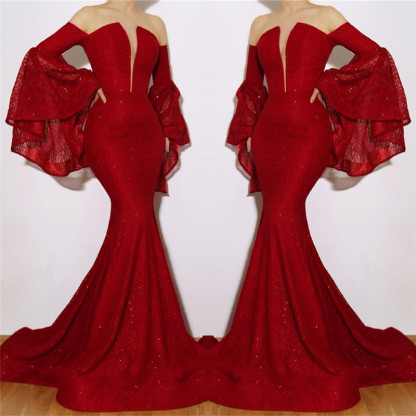 New Arrival Red Mermaid Off The Shoulder Lace Appliques Prom Dresses