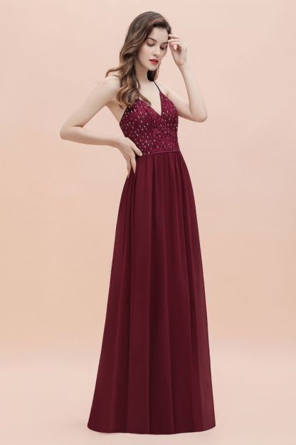 V-Neck Straps A-line Bridesmaid Dress Sequins Evening Dress