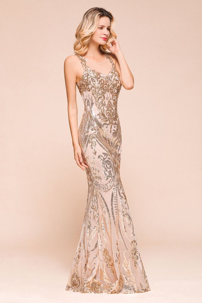 Sparkle Sequined High neck Sleevelss Rose Gold Mermaid Long Evening Dresses