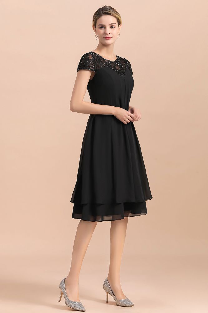 Black Short Sleeves Lace Wedding Party Dress Chiffon Knee Length Dress
