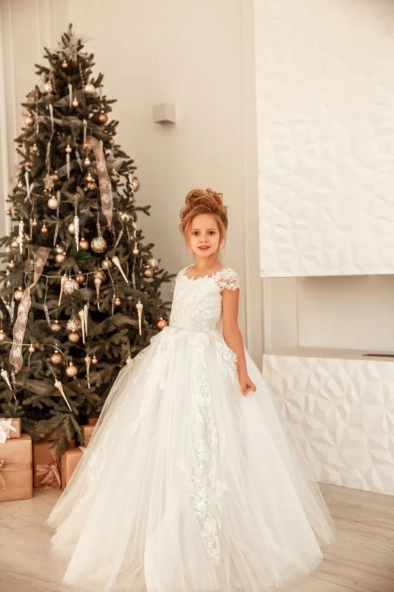 Lovely Cap Sleeves White Princess Flower Girl Dress for Wedding Christmas Party