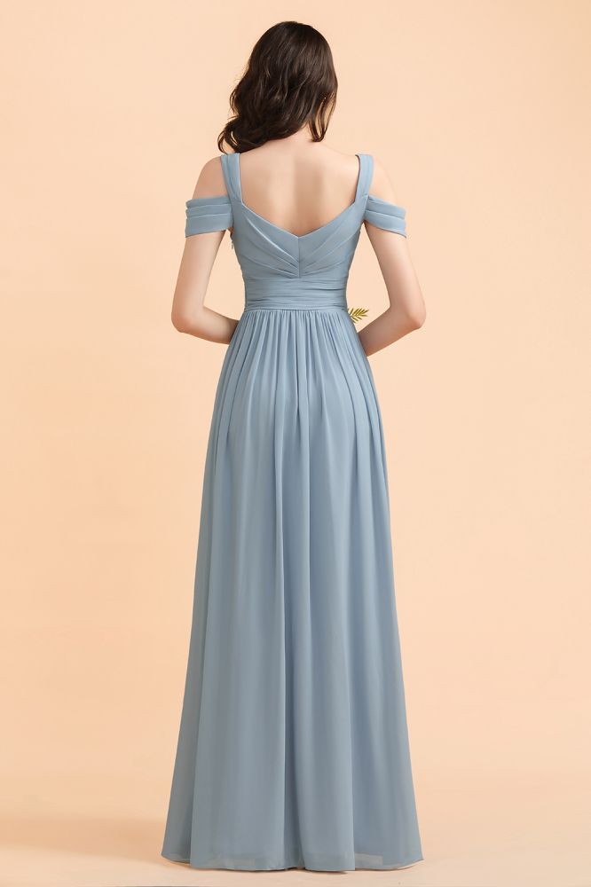 Grey Blue Off Shoulder Chiffon Bridesmaid Dress with Side Slit Straps Wedding Party Dress