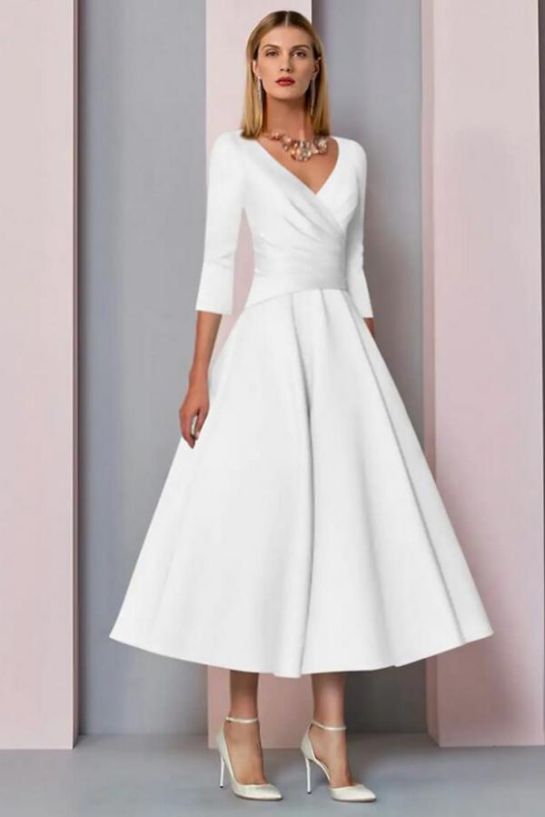 Half Sleeves White Ankle Length Mother of the Bride Dress V-Neck Satin Wedding Guest Dress