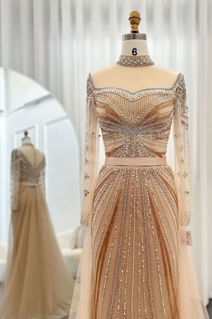 Gorgeous High Neck Beading Sequins Mermaid Evening Gown Long Sleeves Tulle Party Dress with Sweep Train-Babyonlinewholesale