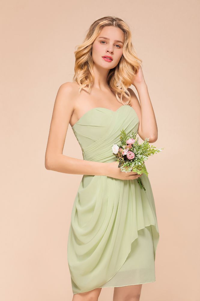 Strapless sage mini length chiffon bridesmaid dress