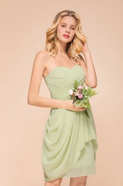 Strapless sage mini length chiffon bridesmaid dress