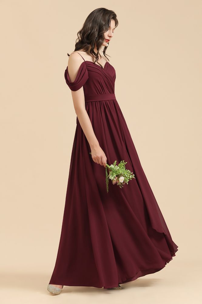 Burgundy Off-the-Shoulder Wedding Party Dress Straps Chiffon Evening Maxi Dress