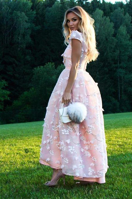 Beautiful Pink Lace Round Neck Cap Sleeves Prom Dresses | Ankle Length Party Gowns