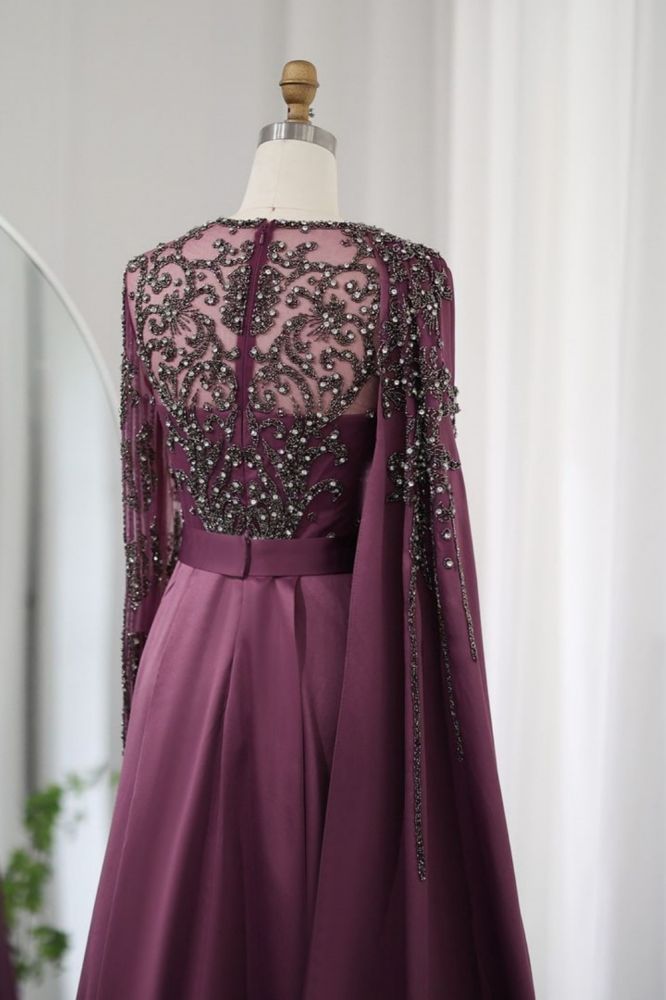 Gorgeous Long Sleeves Ruffle Satin Mermaid Evening Gown Dubai Formal Dress with Rhinstones Embellishments-Babyonlinewholesale