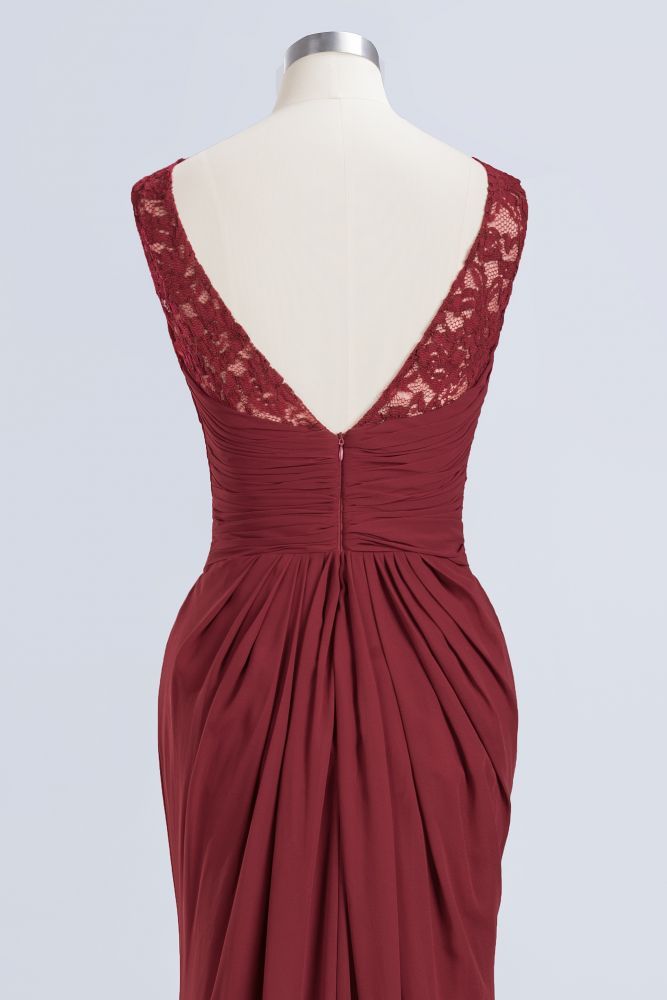 Elegant A-Line Burgundy Chiffon Lace Scoop Sleeveless Ruffles Floor-Length Bridesmaid Dresses