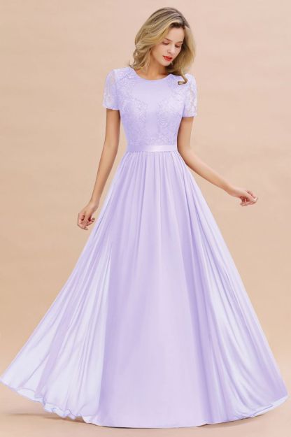 Retro Chiffon Lace Scoop Short-Sleeves Online Bridesmaid Dress